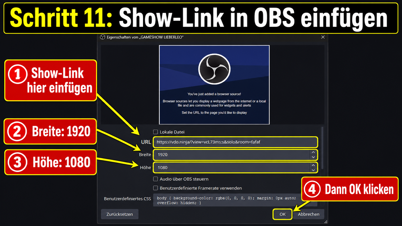 Show-Link und Auflösung in OBS eintragen